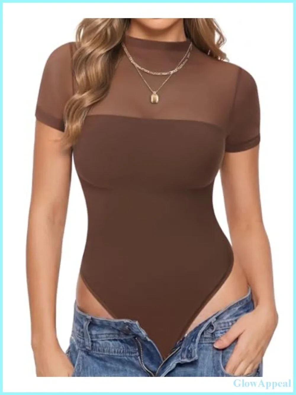 Sheer Mesh Bodysuit Short Sleeve Mock Neck Thong Snap Closure